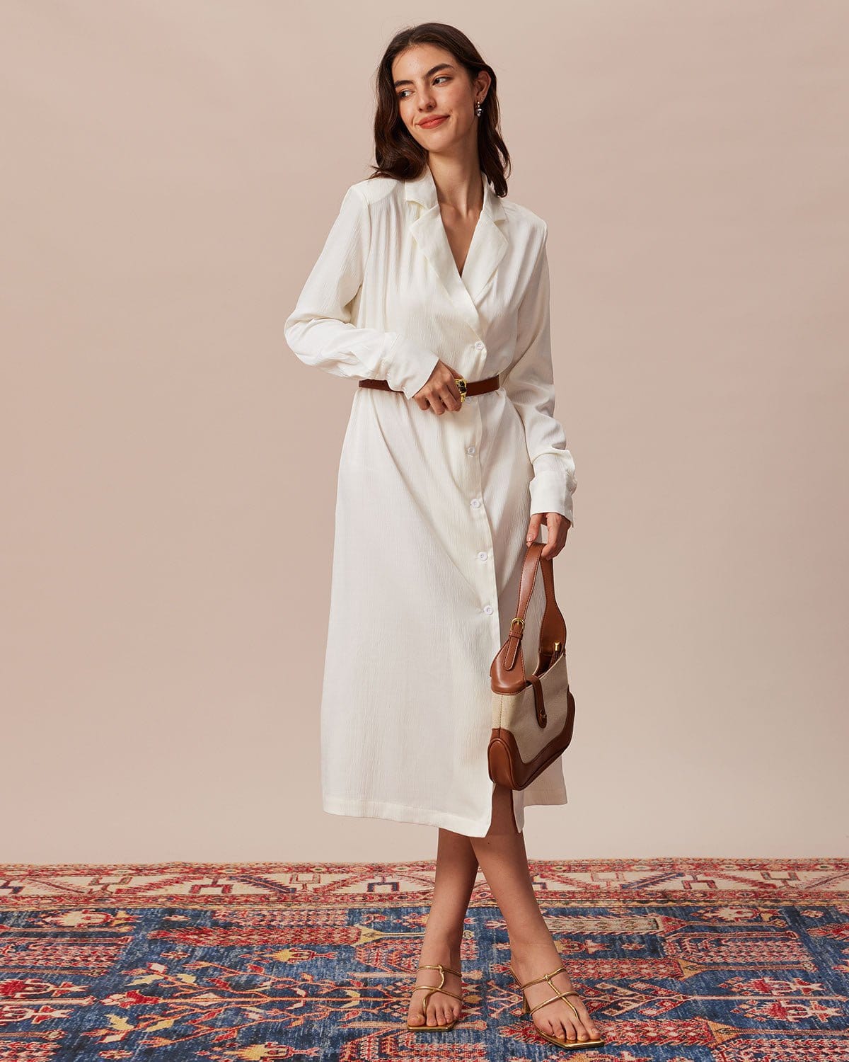 The Beige Lapel Long Sleeve Shirt Midi Dress