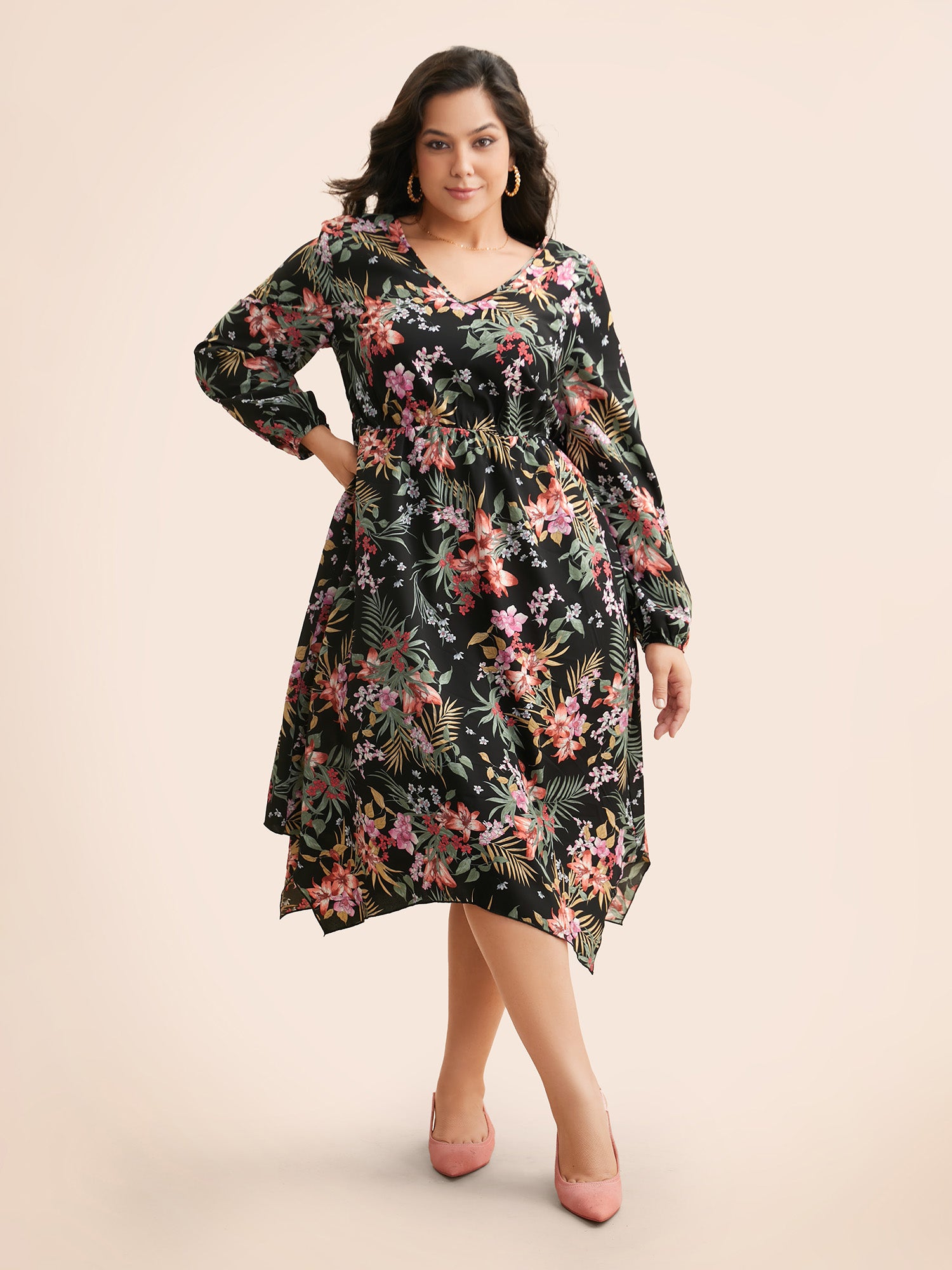 V Neck Floral Asymmetrical Hem Dress