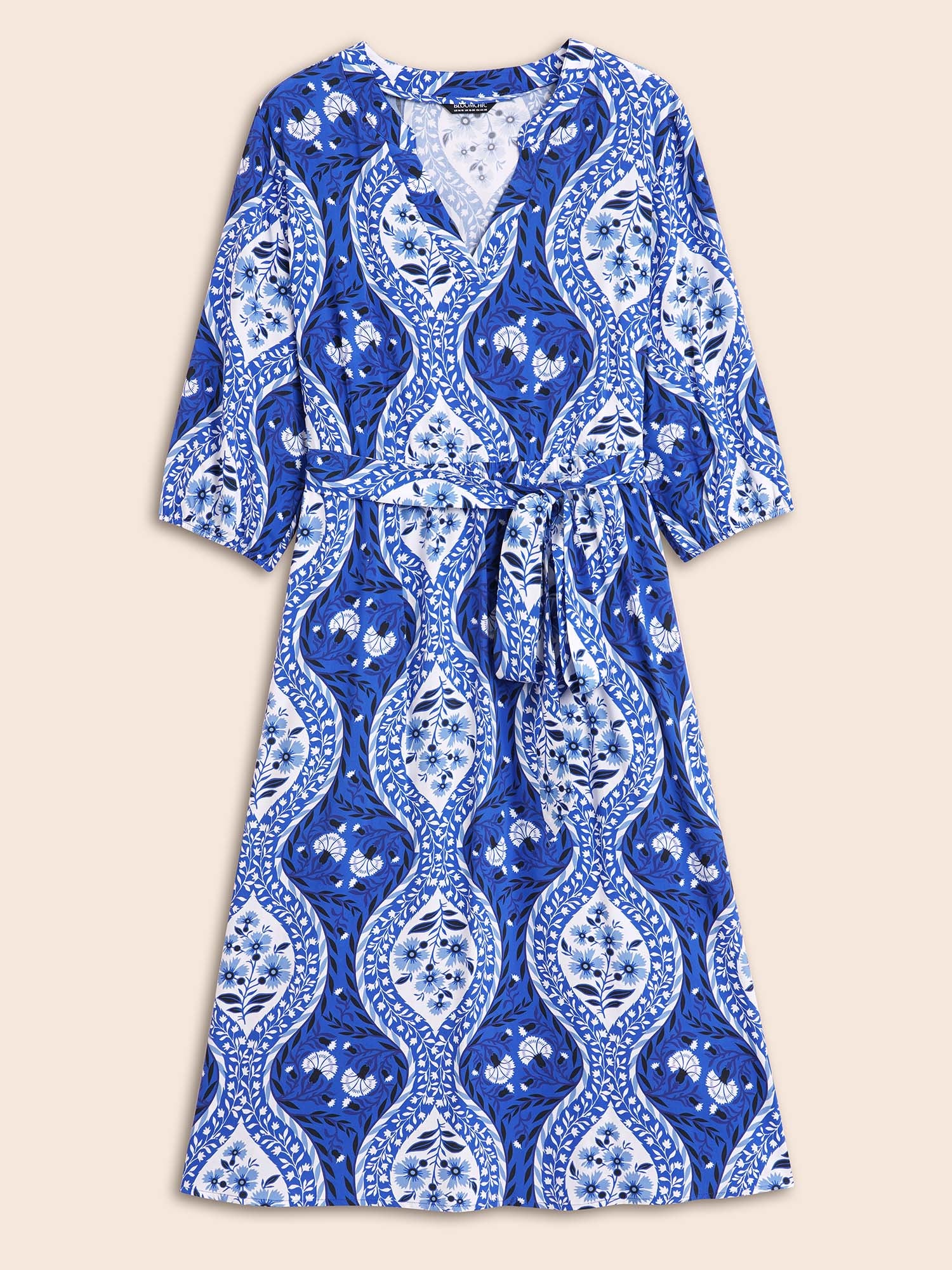 Boho Print Notched Collar Belted Gathered Dress