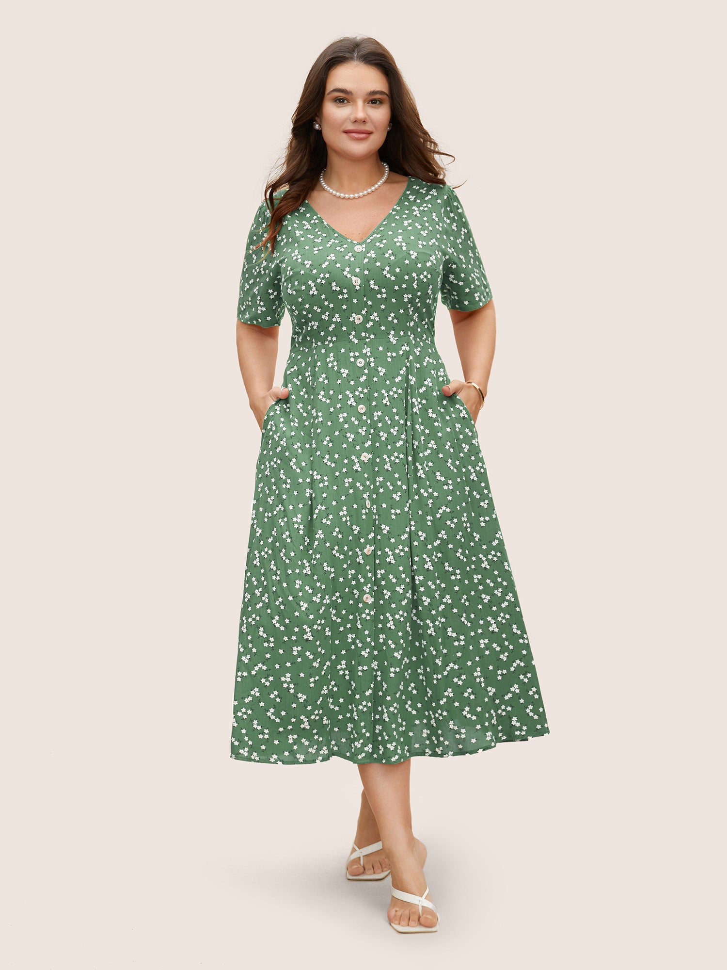 Ditsy Floral Button Detail Elastic Waist Midi Dress