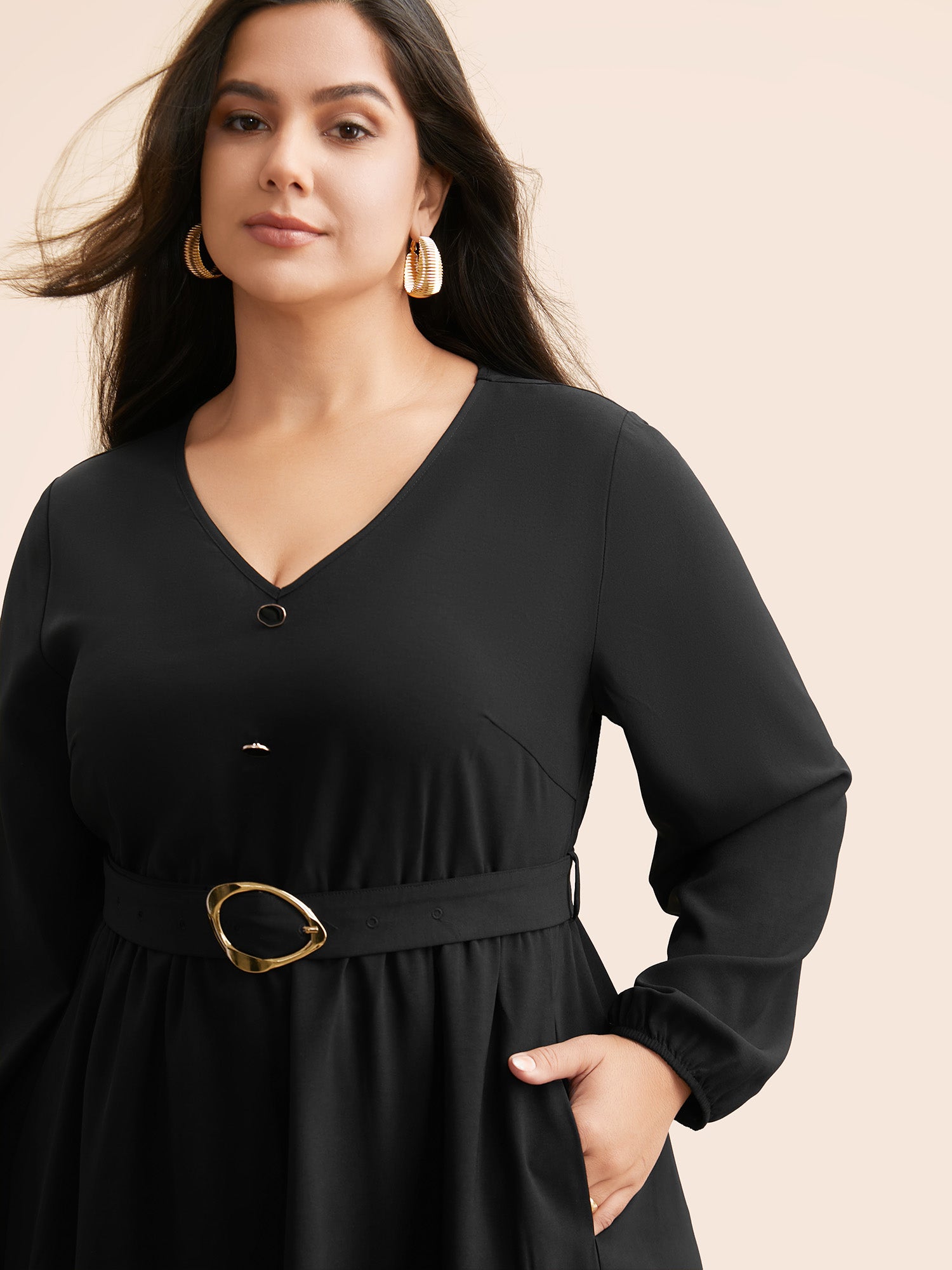 V Neck Button Detail Belted Dress