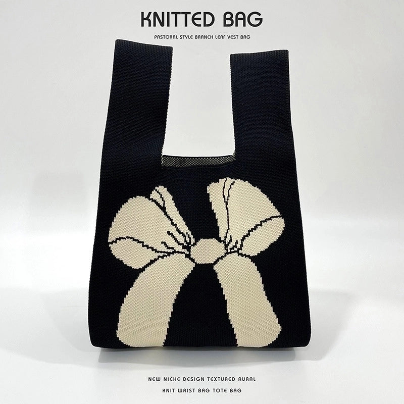 Women's Medium Knit Bow Knot Vintage Style Open Straw Bag