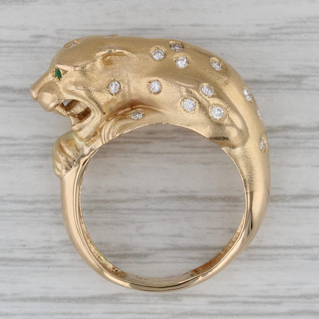 0.36ctw Diamond Leopard Ring 18k Yellow Gold Size 8.75 Emerald Eyes