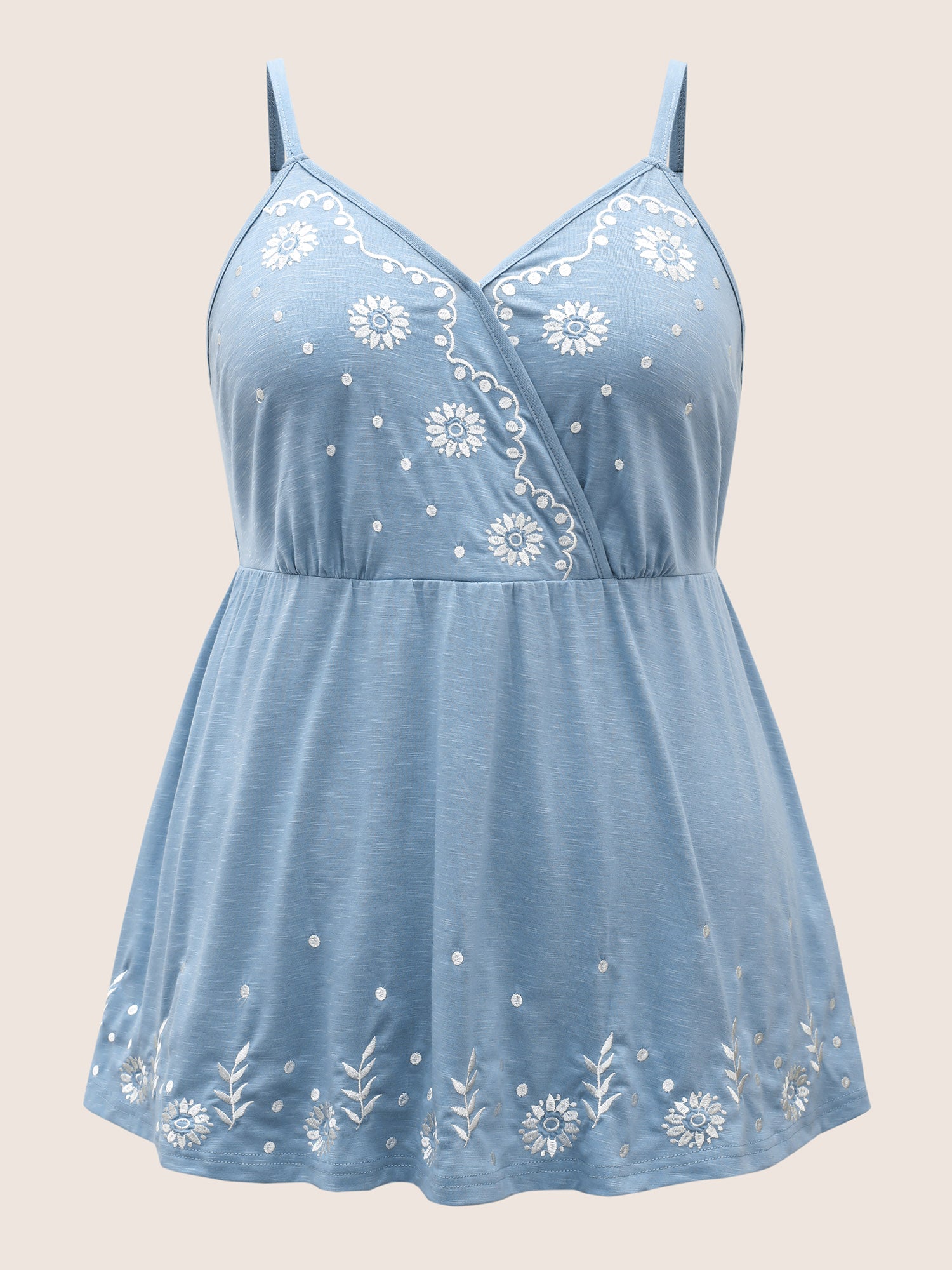 Floral Embroidered Overlap Collar Shirred Cami Top