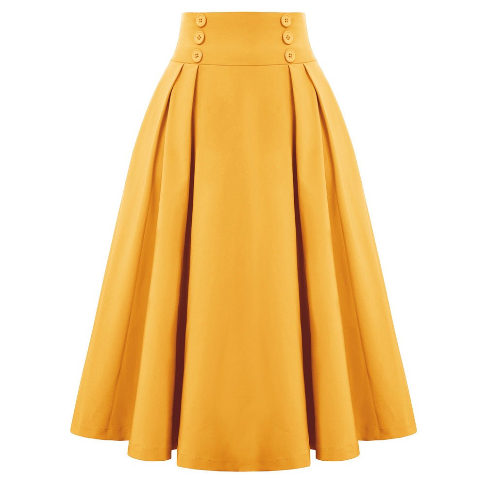 Strawberry Patterns Pleated Buttons Decorated Elastic Waist High Waist Swing A-Line Skirt with Pockets