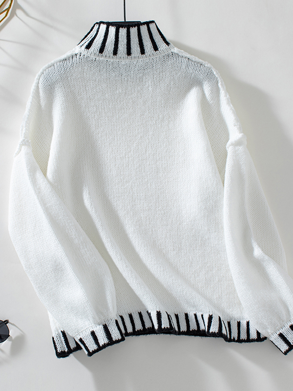 Long Sleeves Loose Contrast Color Split-Joint High Neck Pullovers Sweater Tops
