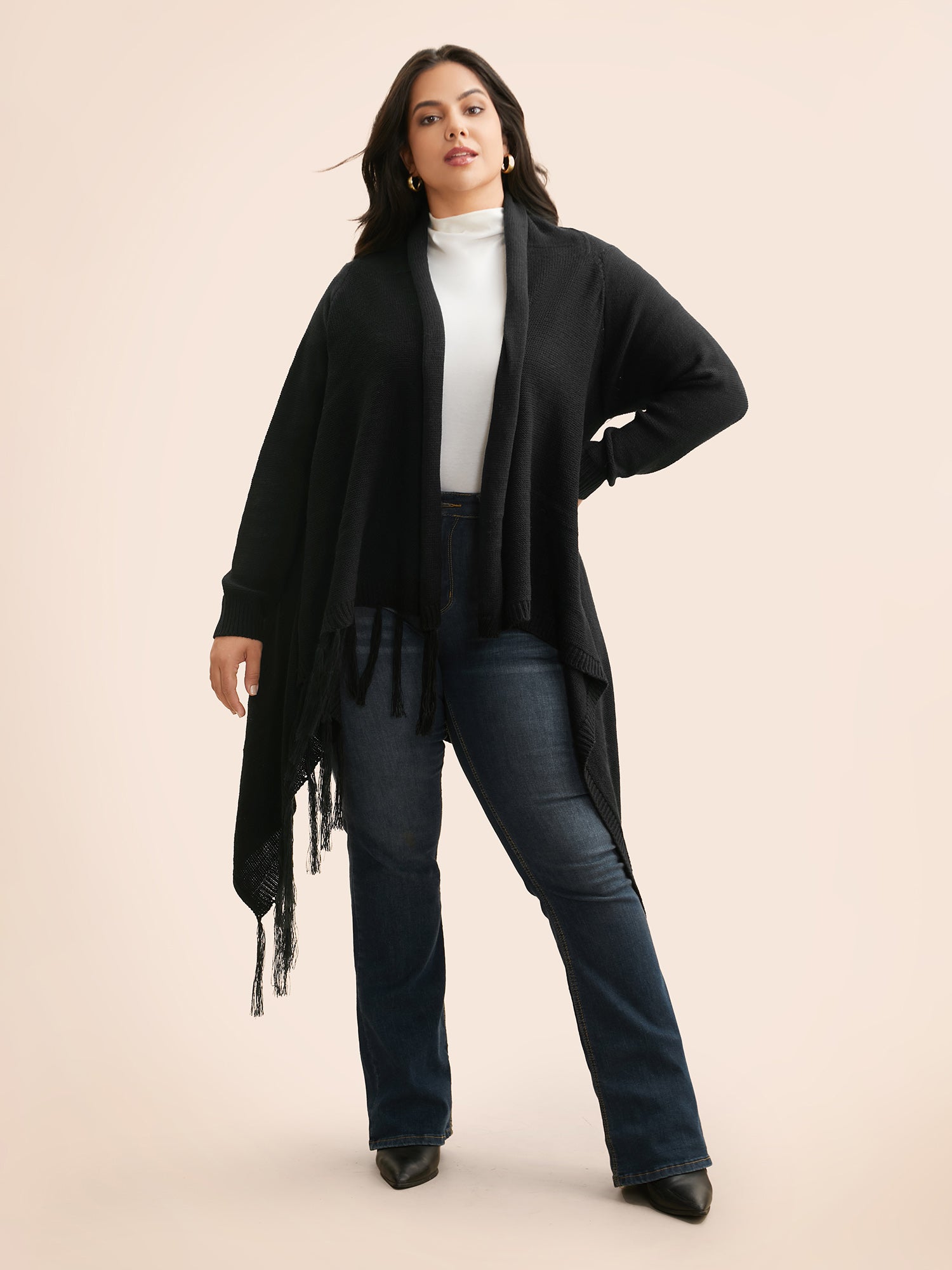 Texture Tassel Trim Asymmetrical Hem Cardigan