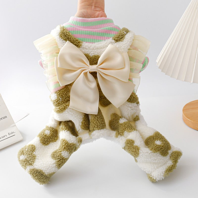 Bowknot Floral Printed Fleece Dog Jumpsuits