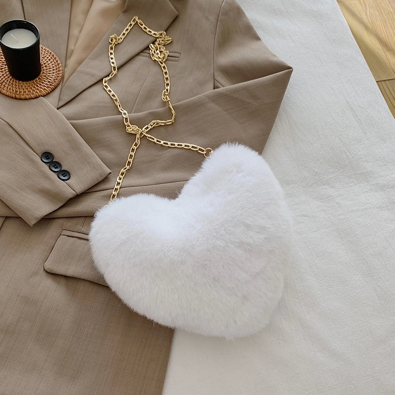 Women's Plush Solid Color Cute Heart-shaped Zipper Crossbody Bag