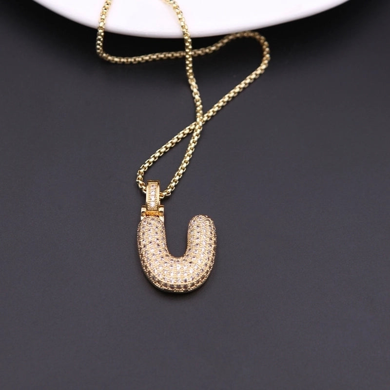 Copper Minimalist Shiny Plating Hollow Out Inlay Letter Zircon Pendant Necklace