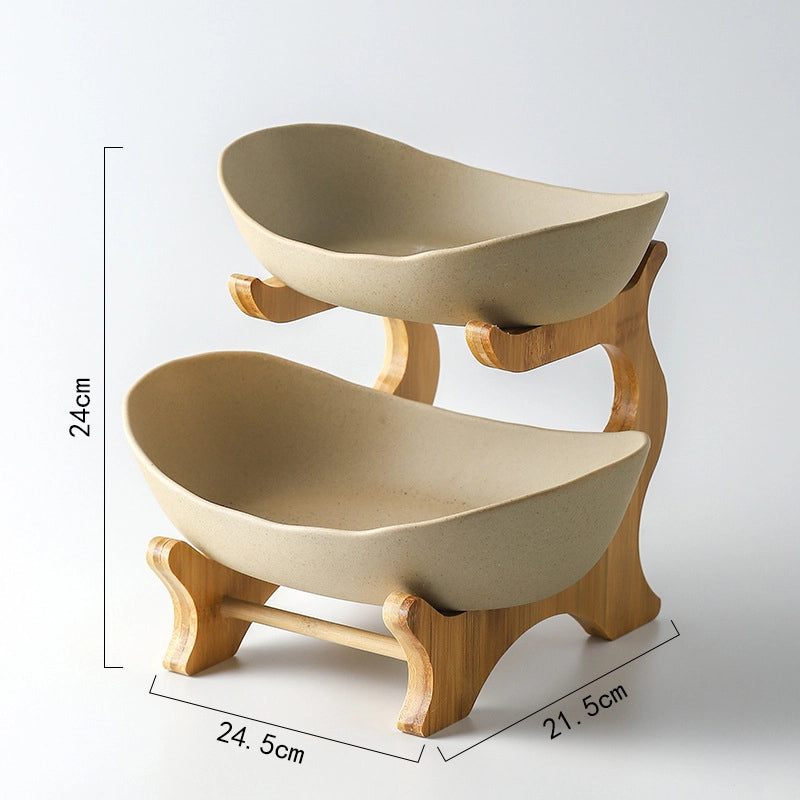 Creative Double-layer Multi-layer Fruit Plate European-style Ceramic Dried Fruit Plate Bamboo Rack Household Sushi Plate Direct Fruit Basket