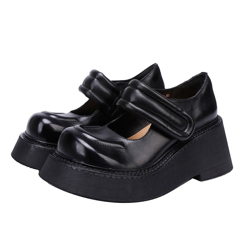 55mm Chunky Heel Vintage Cowhide Platform Mary Jane Shoes in Black/Khaki