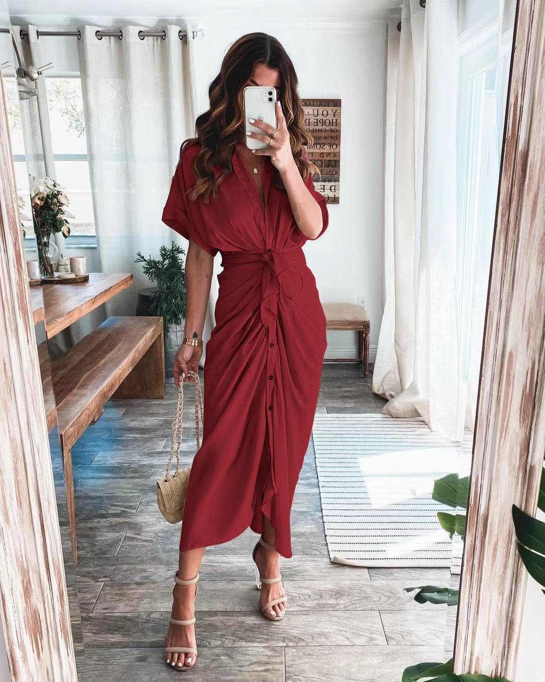 Satin Button Down Style Drape Dress