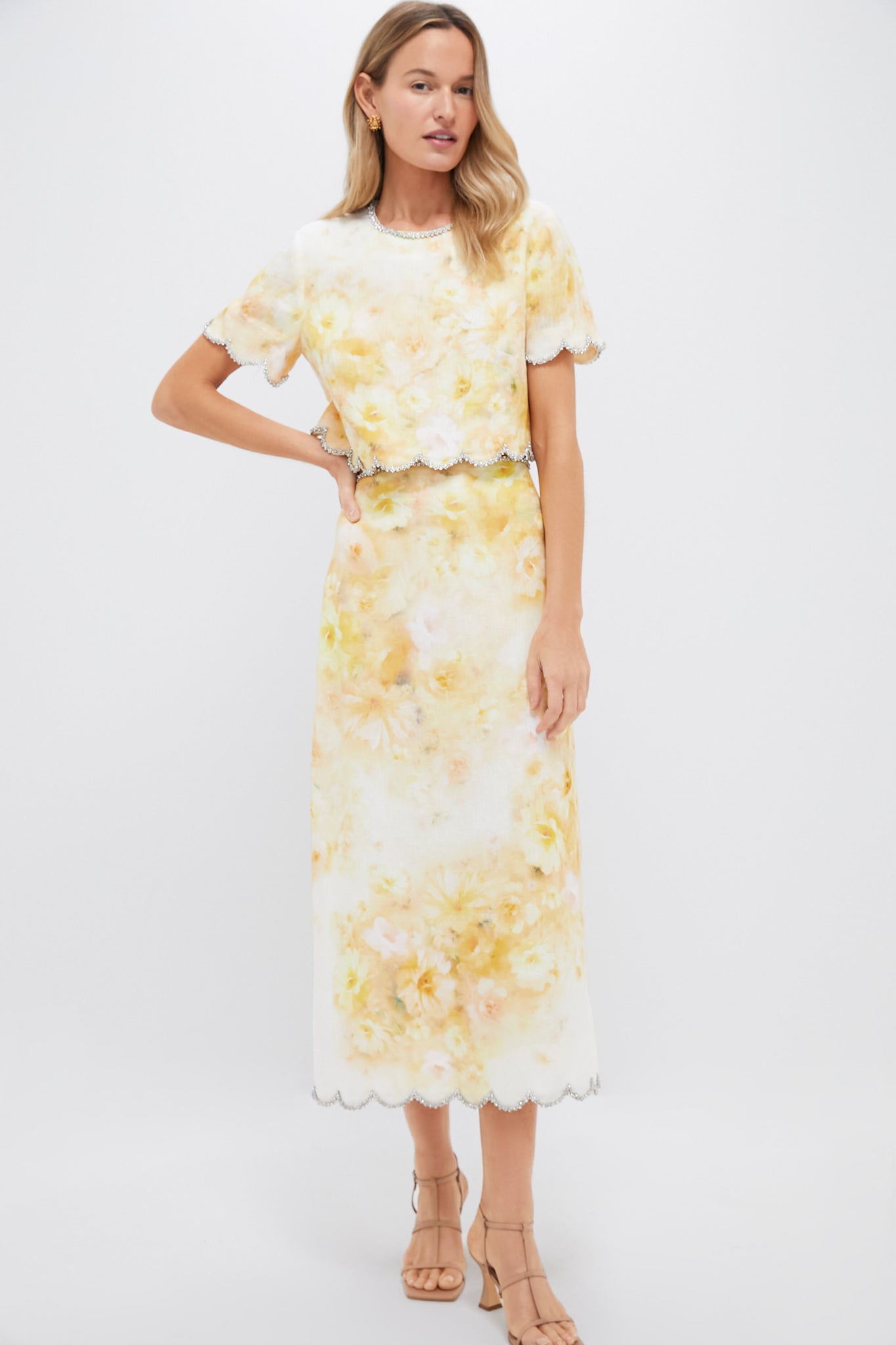 Yellow Floral Crush Scalloped Midi Skirt