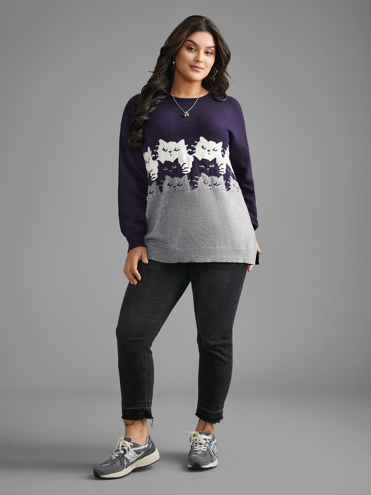 Cat Contrast Drop Shoulder Pullover