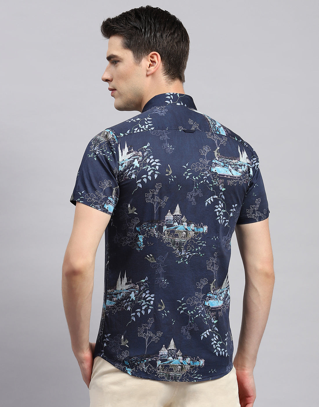 Men Navy Blue Printed Collar Neck Half Sleeve Shirt