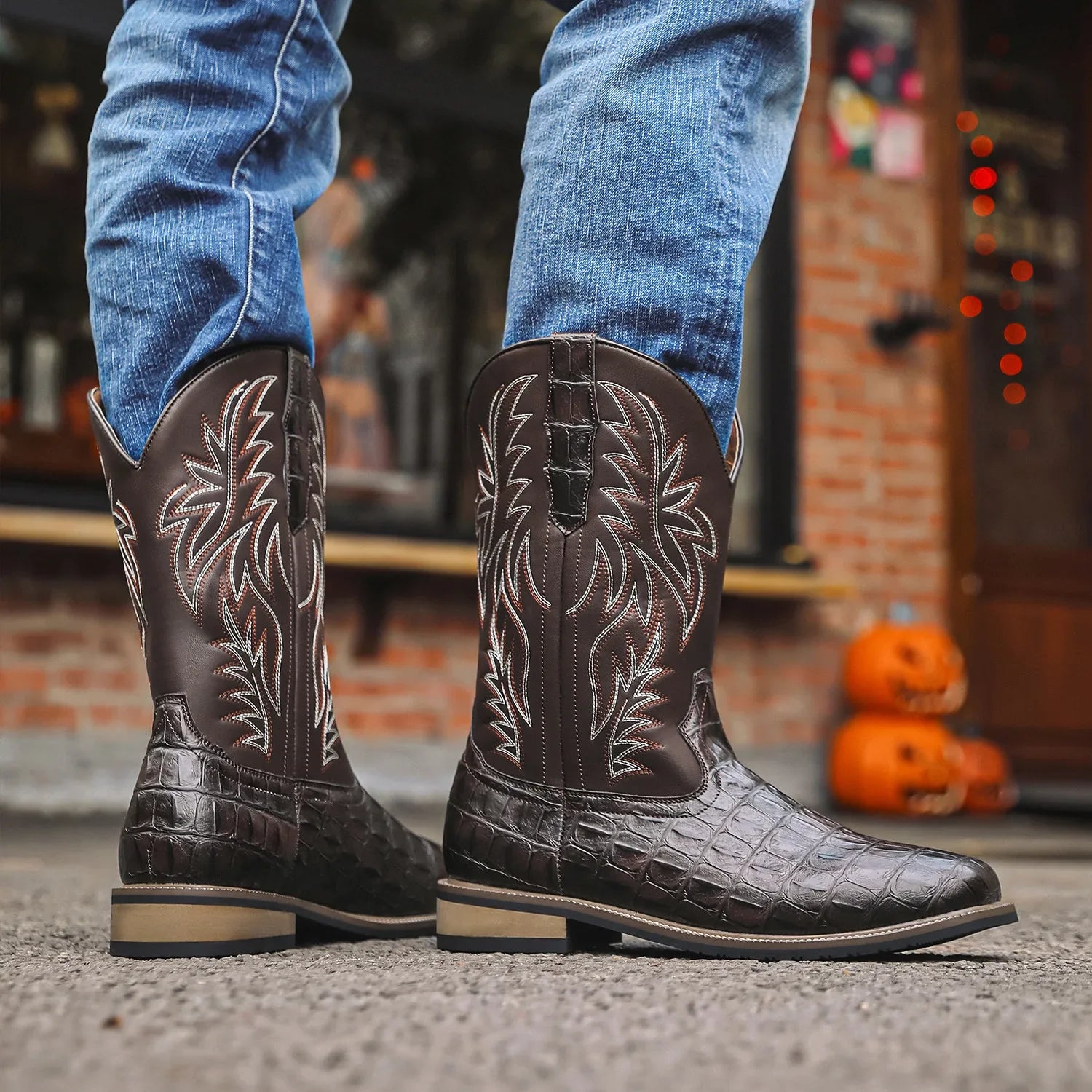 Mens Western Cowboy Boots Square Toe Embroidered Mid-Calf Crocodile