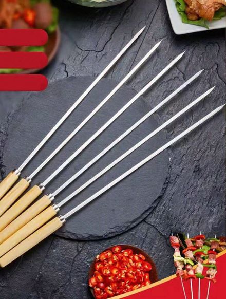 (Pack of 6) 29cm Reusable Flat Barbecue Stainless Steel Skewers Set with Wooden Handle