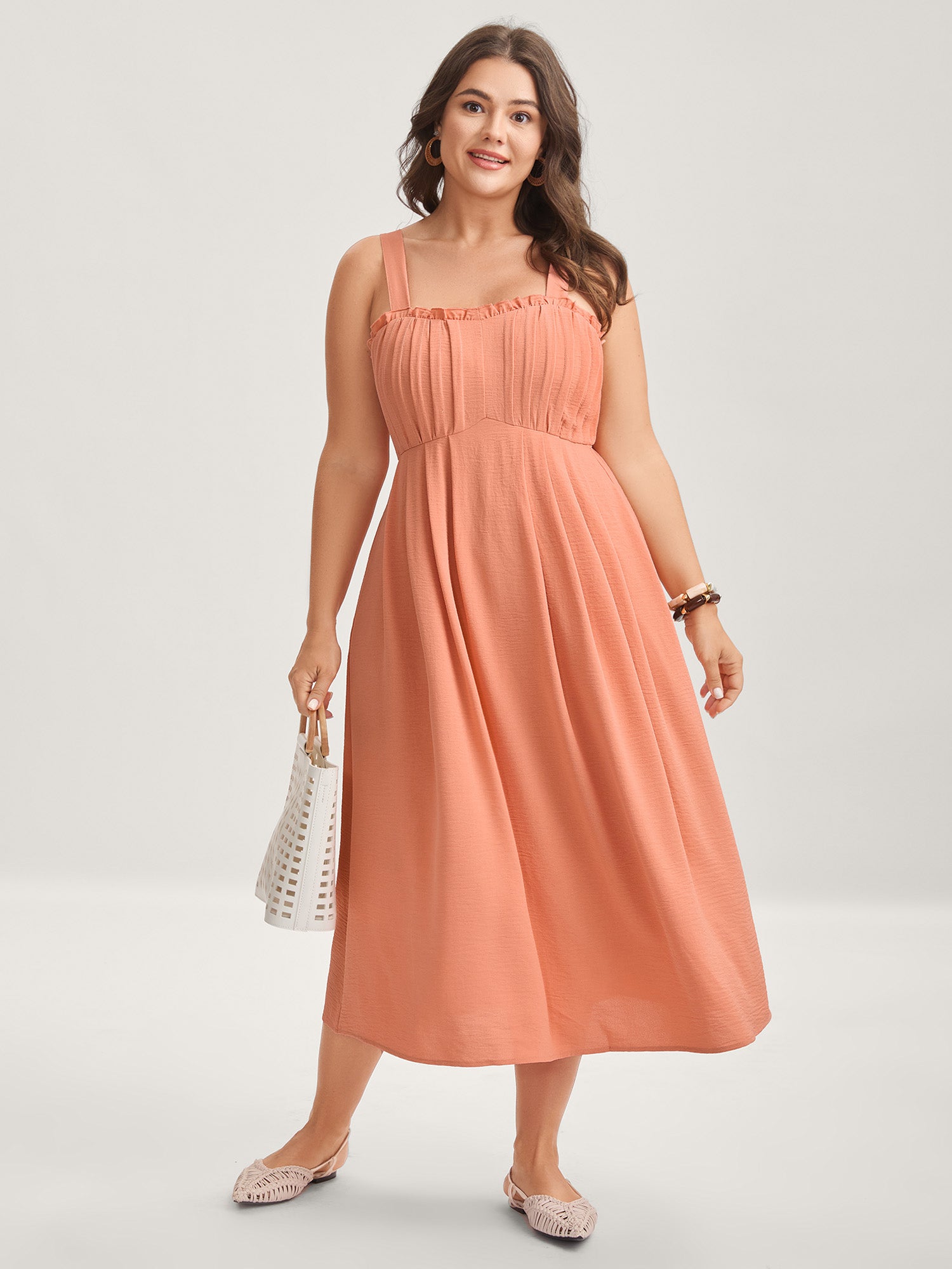 Adjustable Straps Pleated Pockets Midi Dress