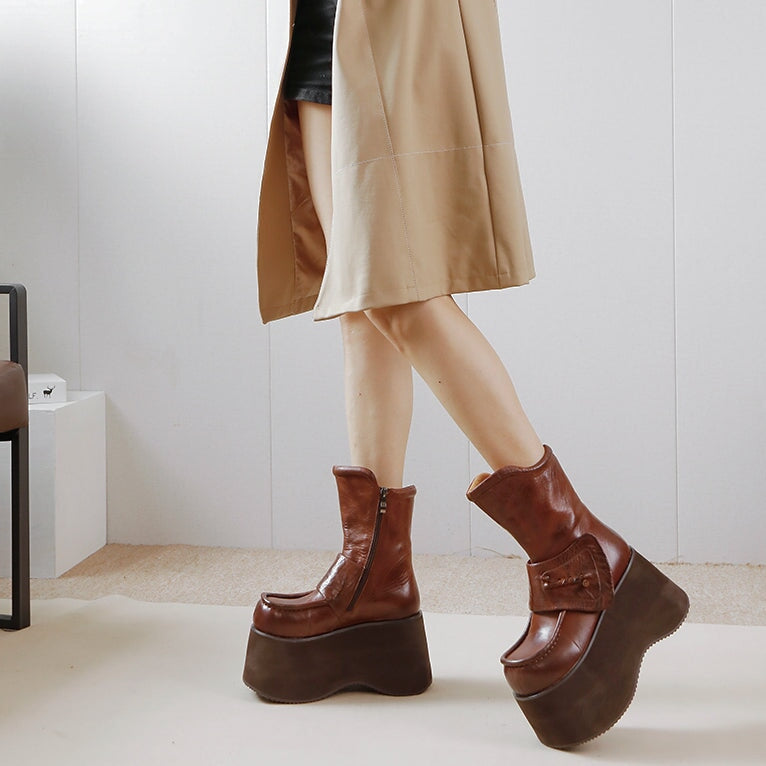 Retro Boots For Women Leather 90mm Platform Boots Touch-strap in Black/Coffee