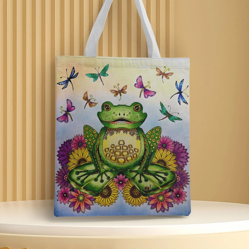 Women's Canvas Cartoon Frog Basic Classic Style Square Open Canvas Bag