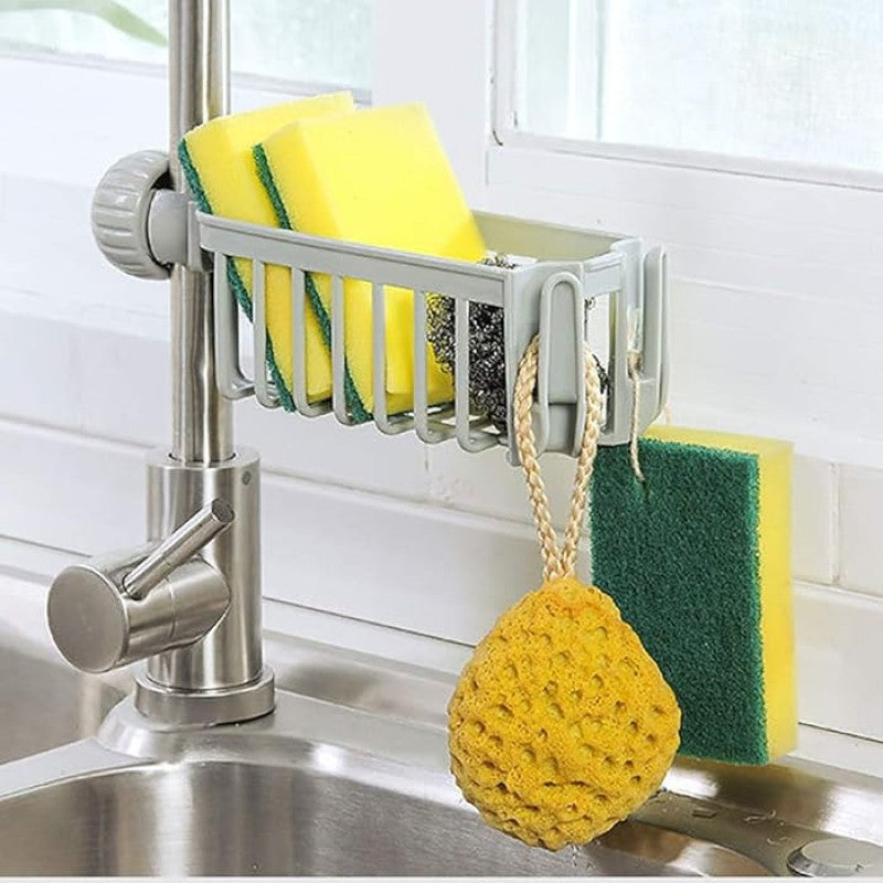 Kitchen Faucet Sponge Holder Sink Caddy Organizer Drain Rack Storage Shelf With Towel Hanger