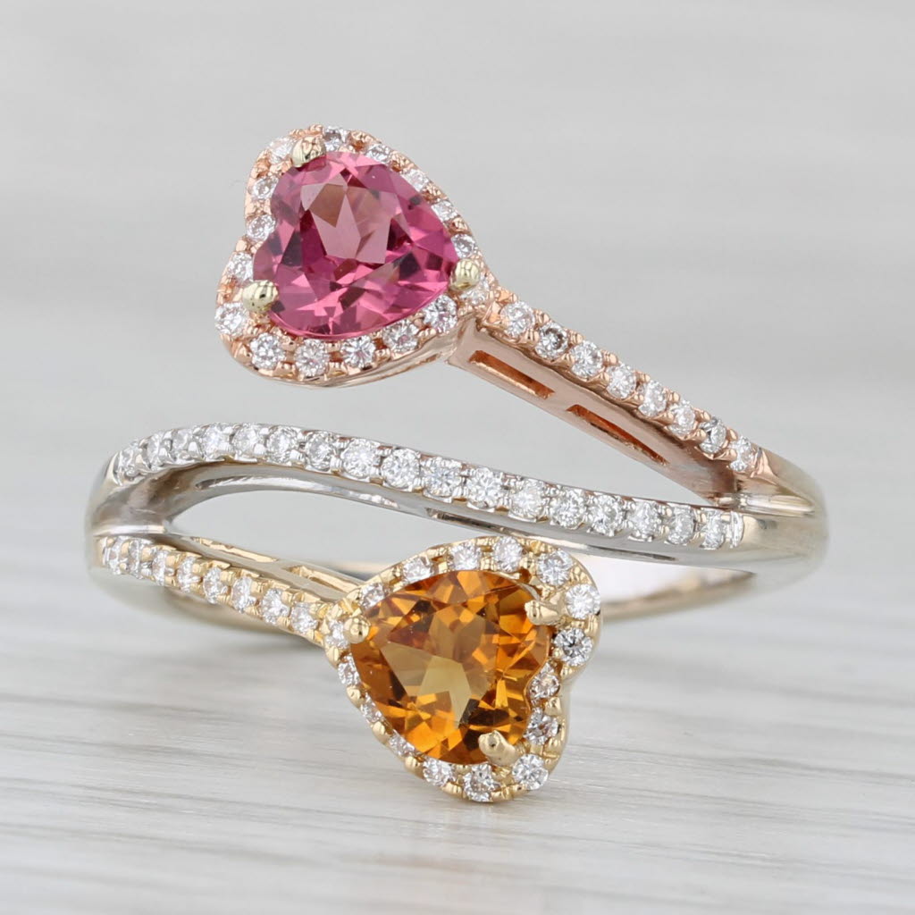 1.35ctw Citrine Tourmaline Diamond Hearts Bypass ing 18k Yellow Rose White Gold