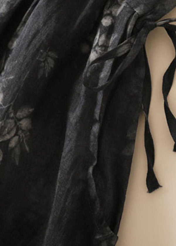 Vintage Black Grey Peter Pan Collar Drawstring Print Linen Holiday Dress Half Sleeve