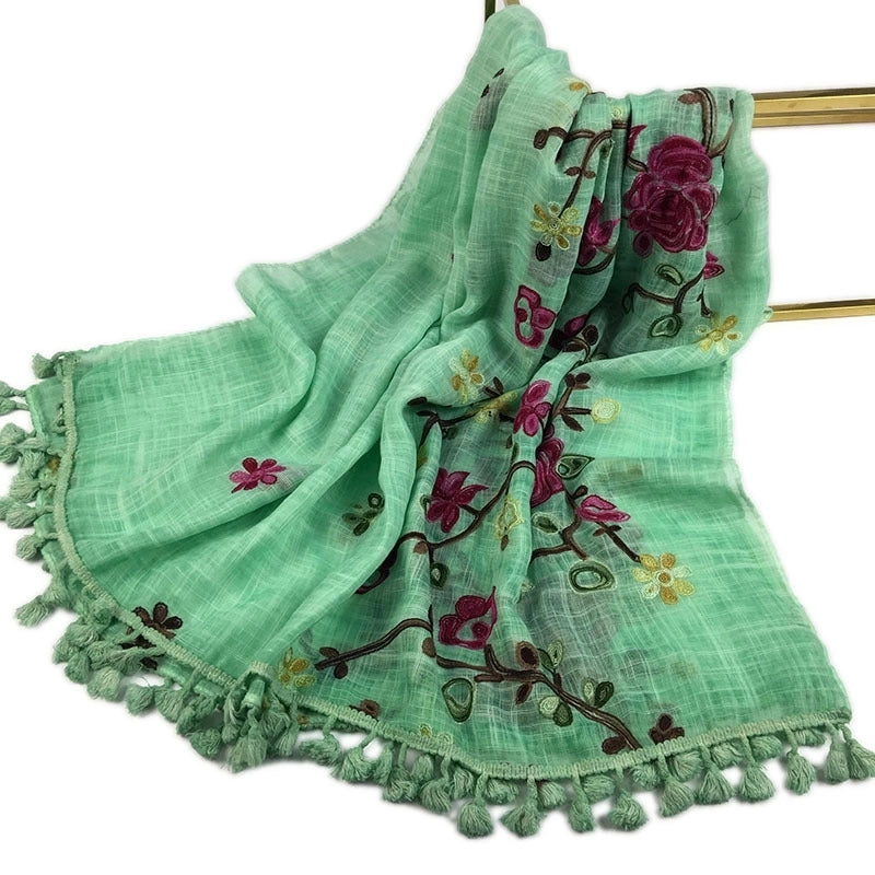 Women's Minimalist Leaves Solid Color Flower Cotton And Linen Embroidery Tassel Scarf Shawl