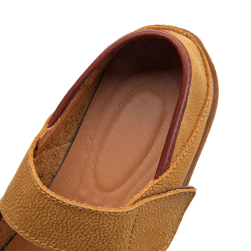 Soft Leather Mary Jane Shoes Rubber-toe Casual Flats with Velcro Strap in Yellow Brown