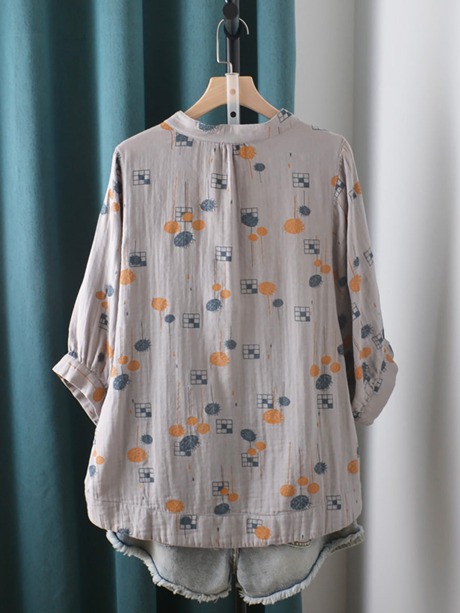 Women Summer Casual Print Stand Collar Cotton Shirt