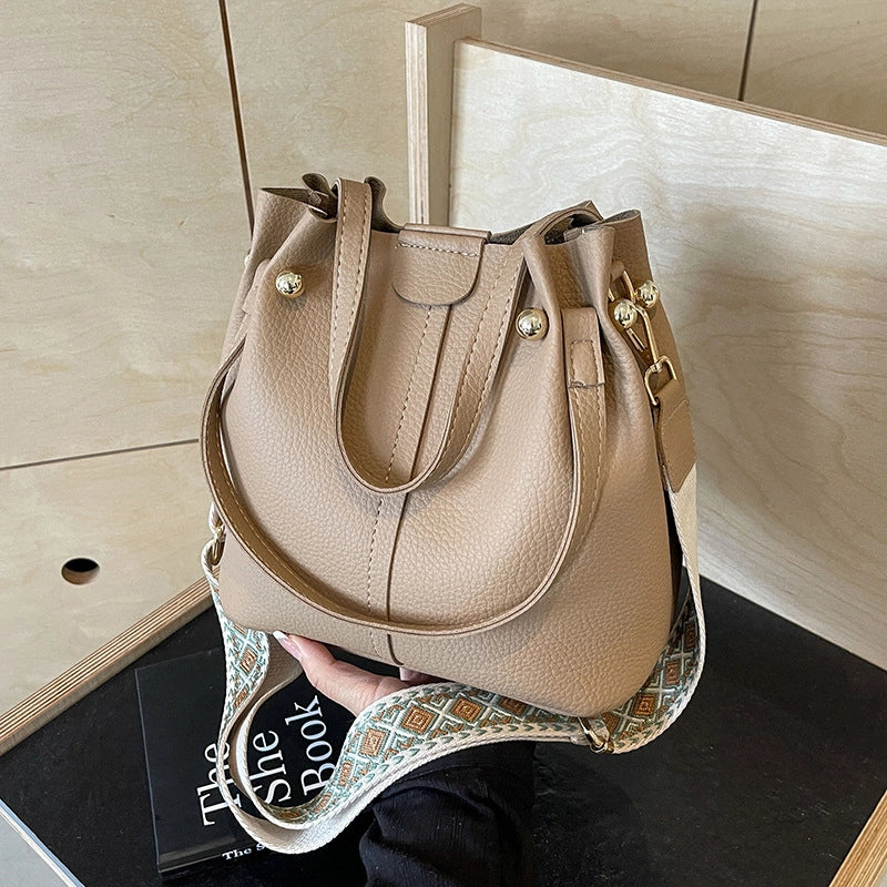 Women's Large Pu Leather Solid Color Basic Bucket Magnetic Buckle Shoulder Bag Handbag Crossbody Bag