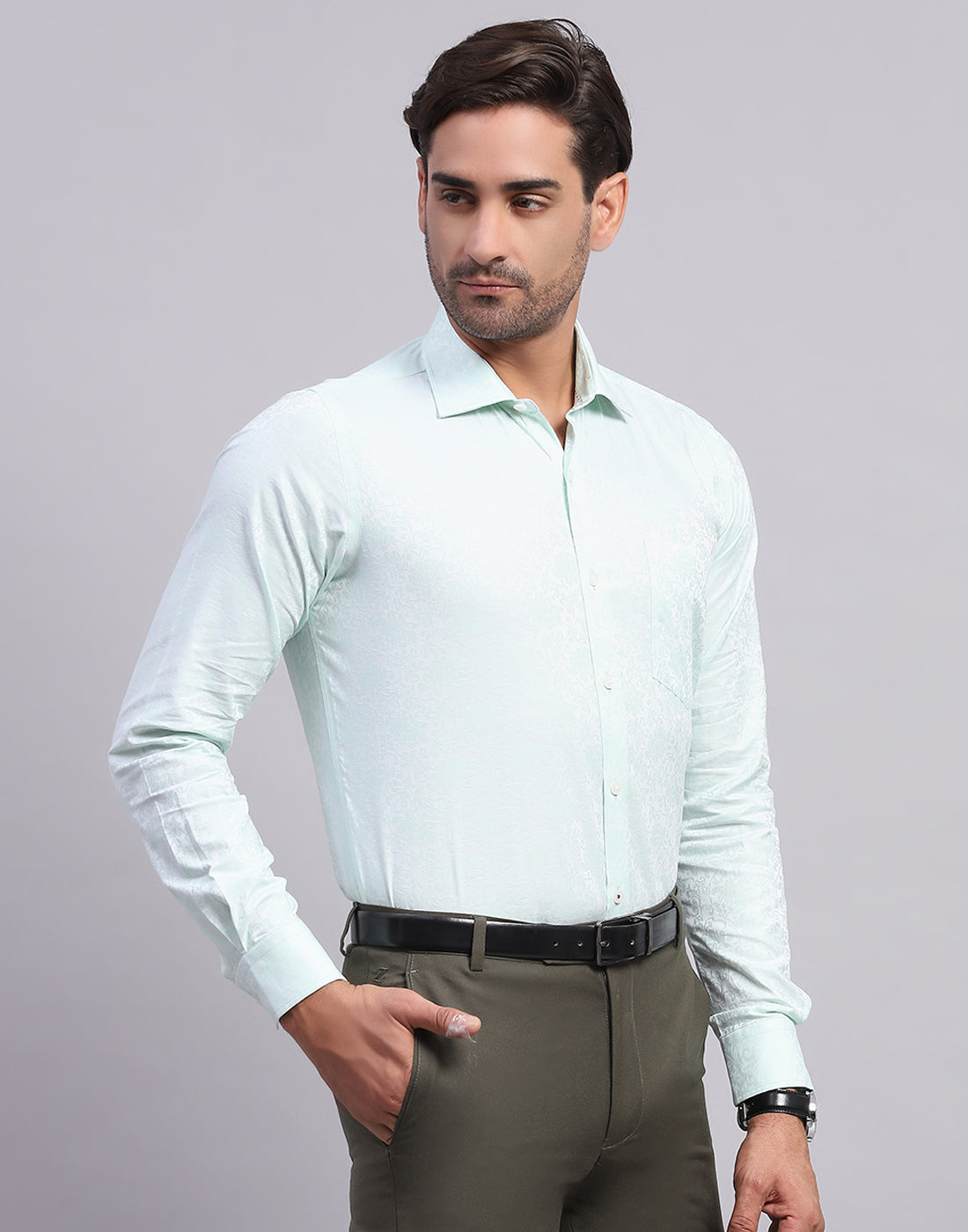 Men Light Blue Self Design Collar Full Sleeve Shirt