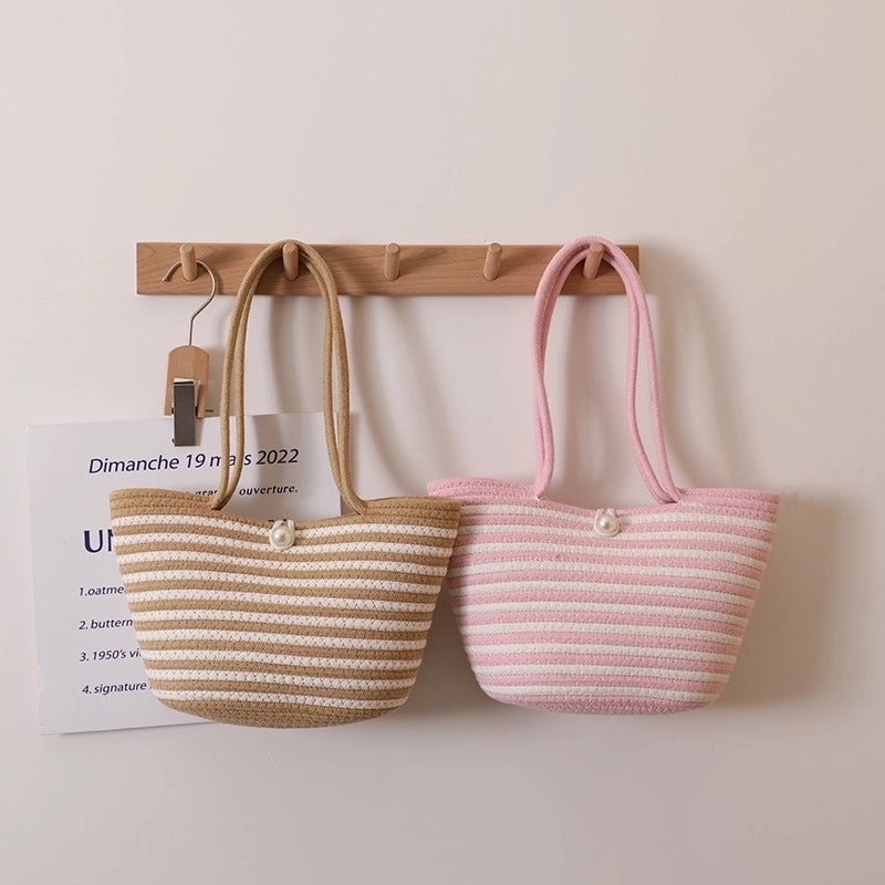 Women's Medium Polyester Stripe Classic Style Square Open Straw Bag