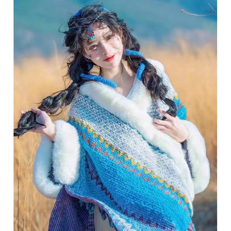 Women's Minimalist Classic Style Color Block Knit Patchwork Shawl