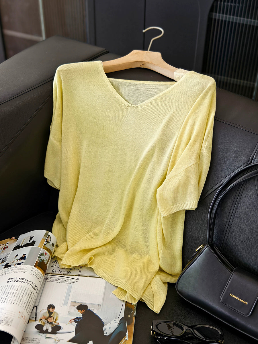 Women Summer Casual Pure Color Knitted V-Neck Shirt