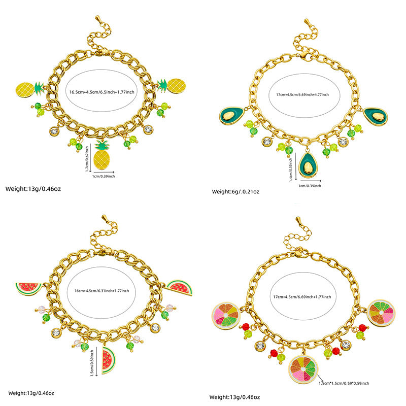 Fashion Small Fresh Cartoon Color Oil Drop Lemon Avocado Watermelon Pineapple Pendant Stainless Steel Bracelet