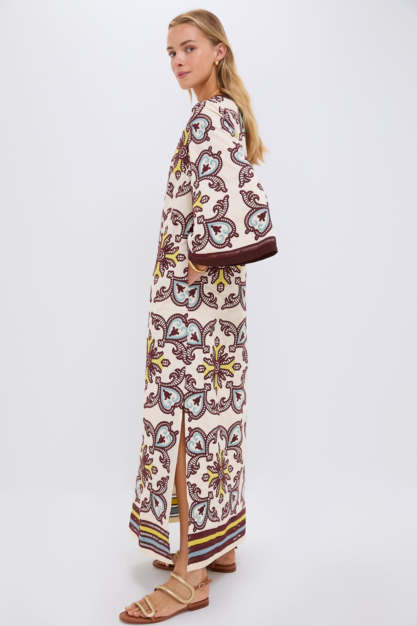 Citron and Slate Blue Embroidered Lorena Caftan