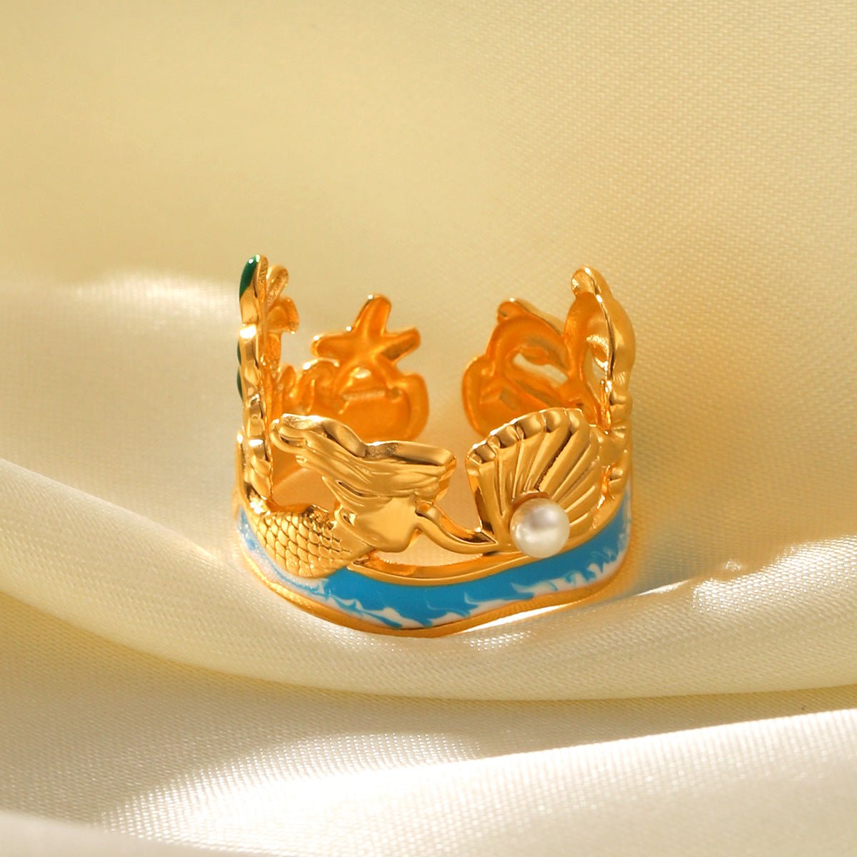 Ocean Style Mermaid Pearl Shell Oil Drop Ring Stainless Steel Gold-Plated Open Ring Design Hand Jewelry