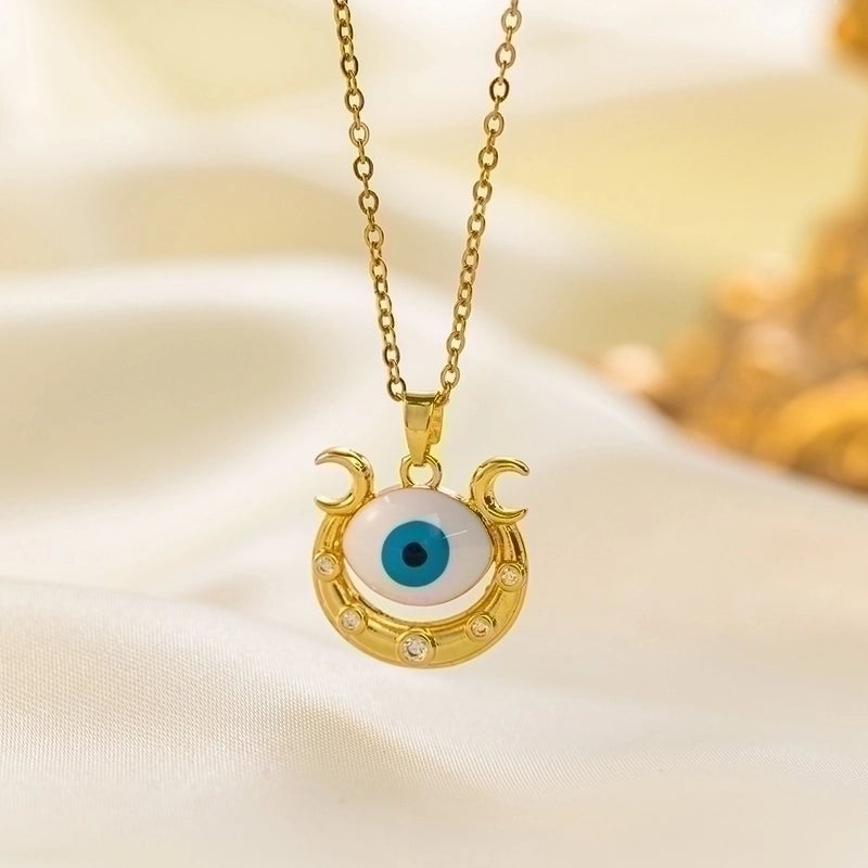 304 Stainless Steel 18K Gold Plated Vintage Style Minimalist Inlaid Zircon Eye Artificial Rhinestones Resin Pendant Necklace