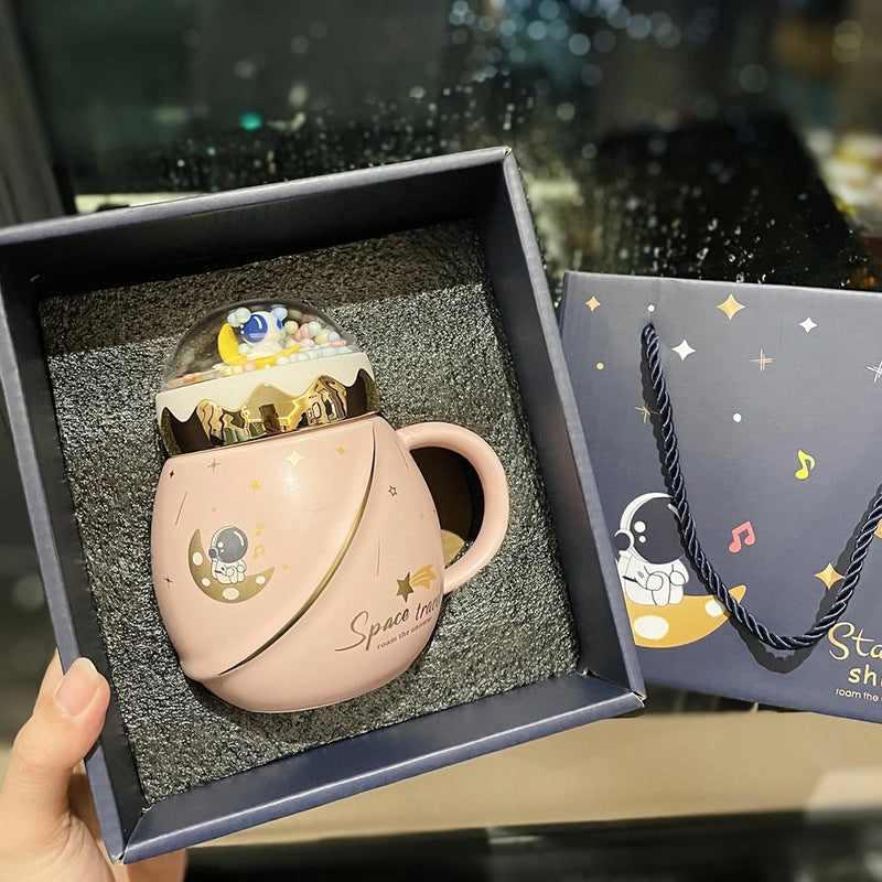 2 Pieces Astronaut Series Space Mug With Lid And Spoon Ceramic Couple Water Cup Girl Gift Set Boyfriend Gift