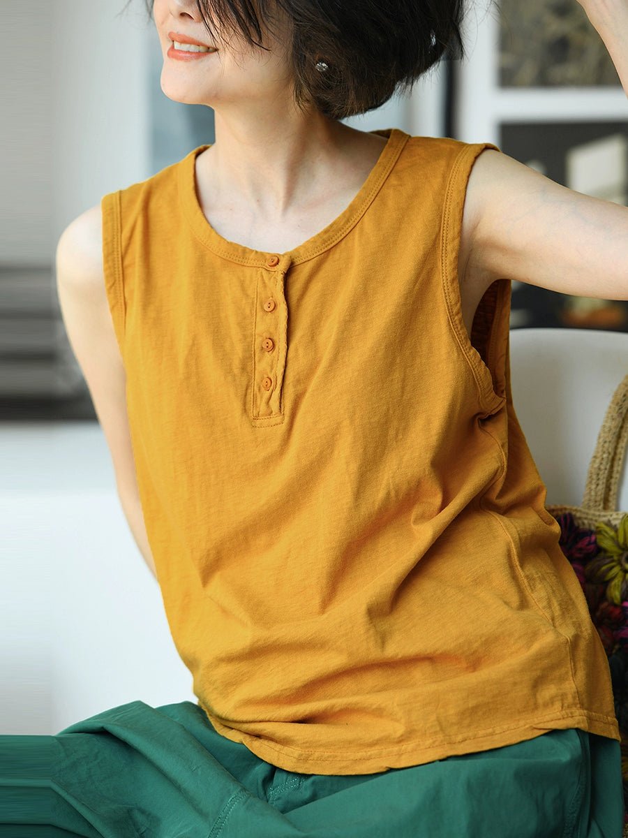 Women Summer Pure Color O-Neck 100%Cotton Vest