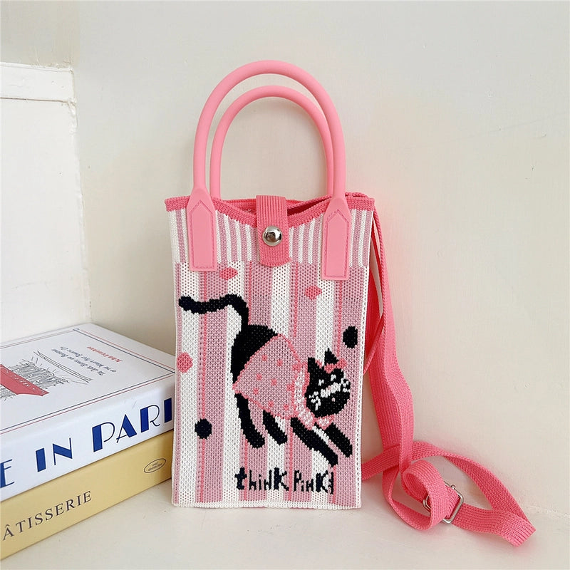 Women's Small Knit Cat Vintage Style Classic Style Bucket Buckle Handbag
