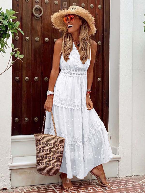 Stylish PolkaDots Print Lace V-Neck Maxi Dress