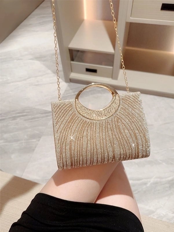 Gold Rhinestone Solid Color Square Evening Bags