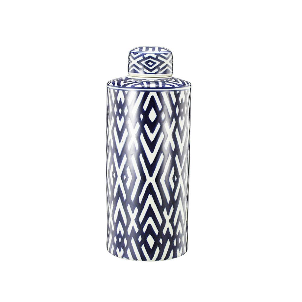 Porcelain Lidded Jar Tall - Blue Chevron