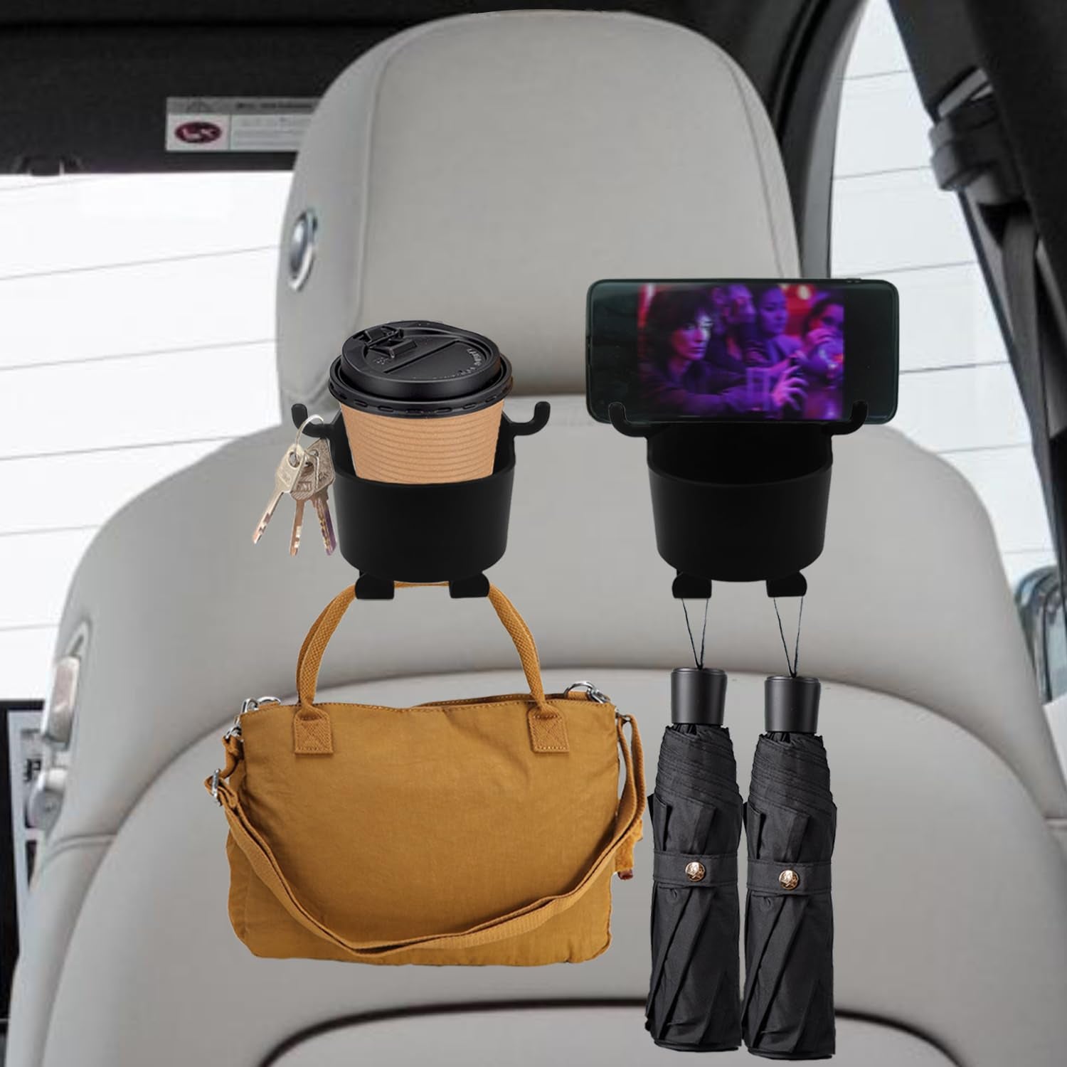 Car Headrest Backseat Organizer. 3 in 1 Automotive Cell Phone Drink cupholder Adapter with Headrest Hooks for Kids and Adults. Multifunctional Storage for Car Travel Accessories