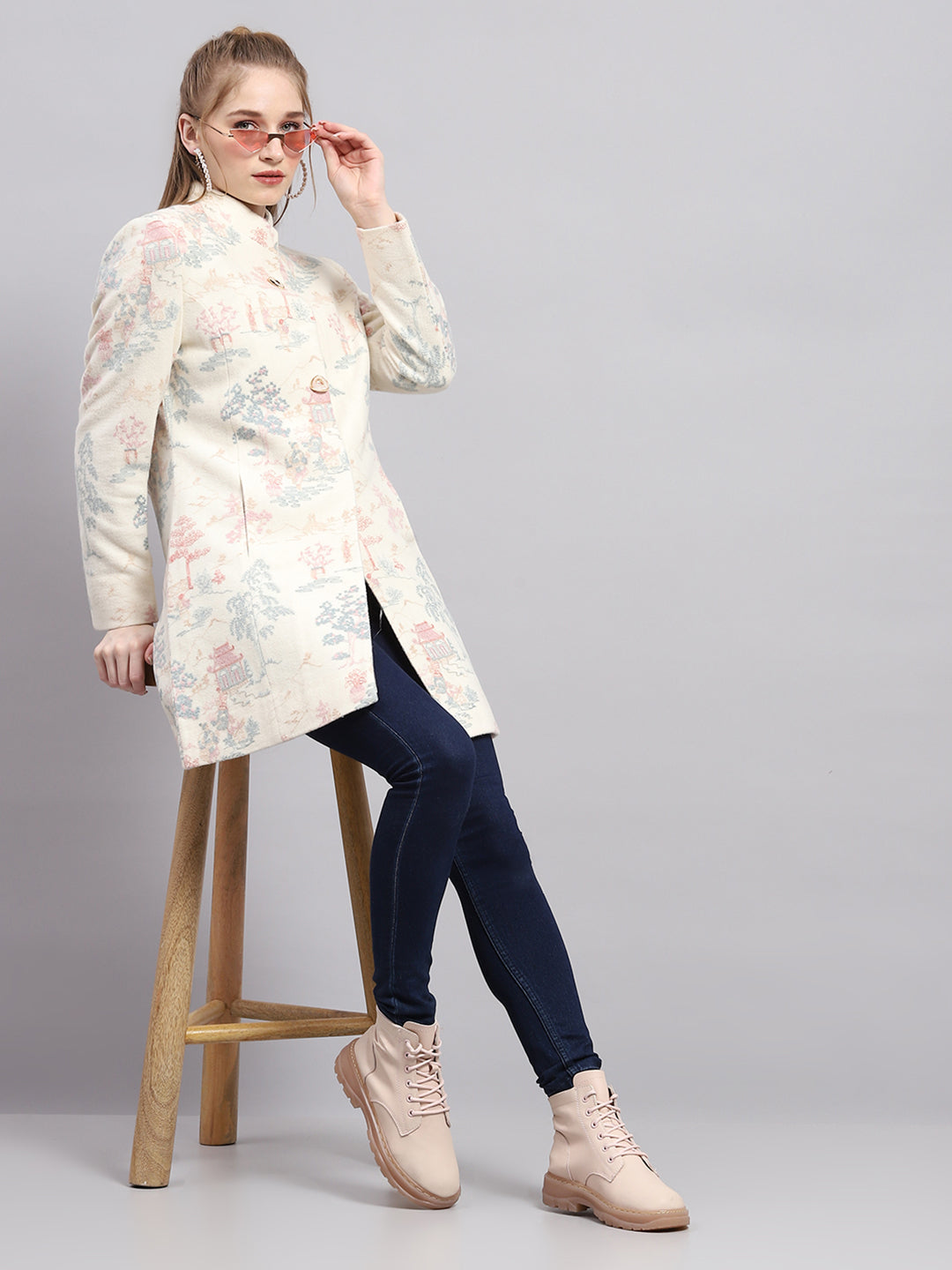 Women White Embroidered Mock Neck Full Sleeve Coat