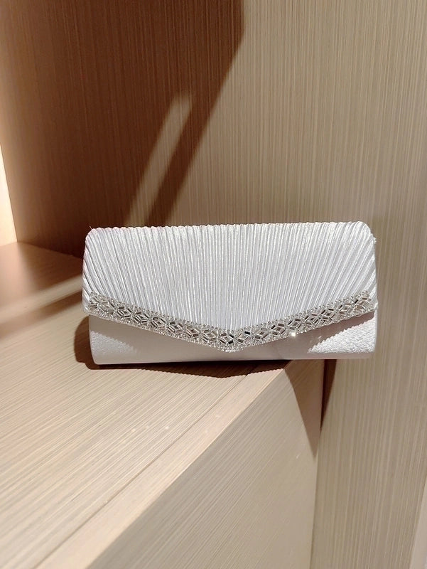 Apricot Silver Polyester Solid Color Rhinestone Square Evening Bags