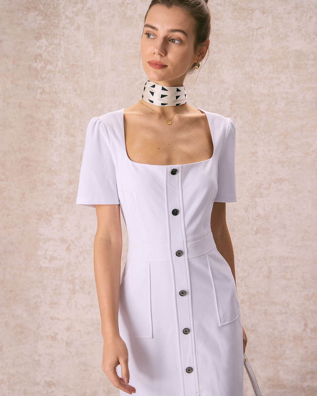 The White Square Neck Buttoned Midi Dress